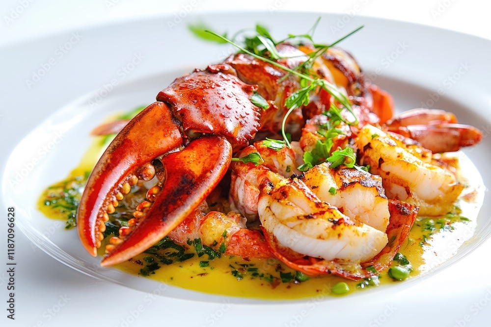 Grilled lobster claw and tail meat served with a vibrant yellow sauce and fresh herbs. Grilled lobster claw and tail meat served with a vibrant yellow sauce and fresh herbs.
