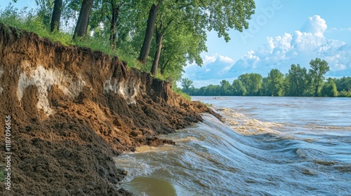 Riverbank erosion and vegetation impact during heavy rainfall. photo