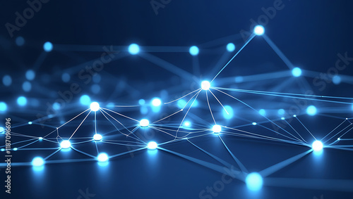 Futuristic Digital Network with Glowing Nodes and Lines on Blue Background