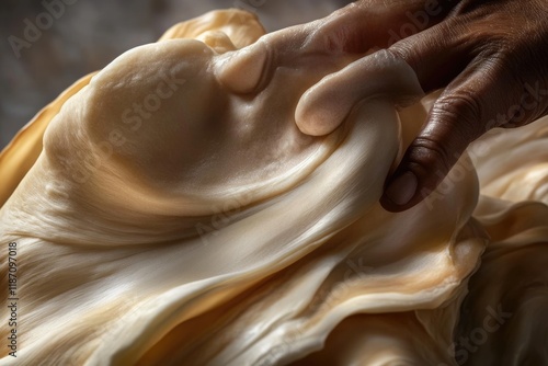 A hand gently manipulates creamy, beige dough, showcasing its soft, pliable texture. photo