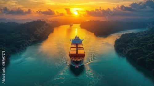 Cargo Ship Navigating Scenic River at Sunset