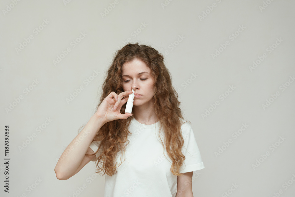 A young woman with curly hair holding a nasal spray, with a calm and relieved expression. Concept of allergy relief, nasal spray effectiveness, and comfortable breathing A young woman with curly hair holding a nasal spray, with a calm and relieved expression. Concept of allergy relief, nasal spray effectiveness, and comfortable breathing