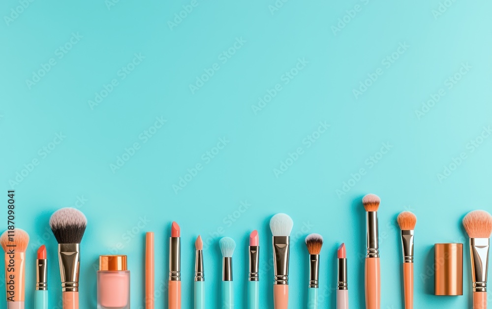 A vibrant collection of makeup brushes and tools arranged neatly against a turquoise background, showcasing a colorful and organized beauty setup. A vibrant collection of makeup brushes and tools arranged neatly against a turquoise background, showcasing a colorful and organized beauty setup.