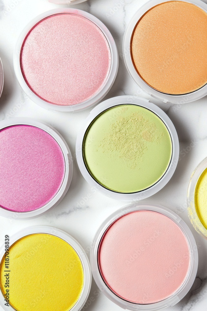 Collection of vibrant makeup powders arranged neatly on a marble surface showcasing colors from pastel pinks to lively yellows Collection of vibrant makeup powders arranged neatly on a marble surface showcasing colors from pastel pinks to lively yellows