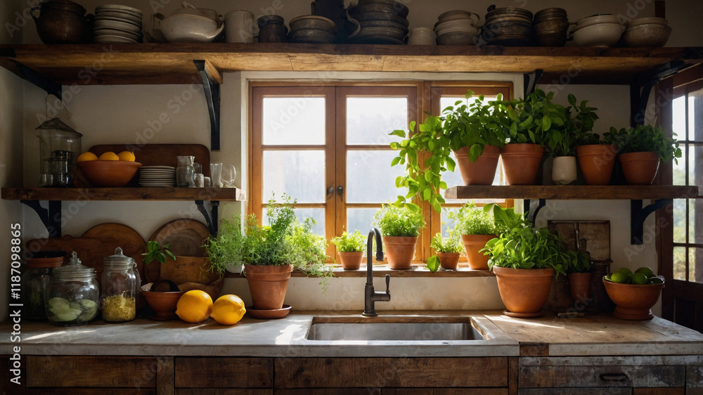 custom made wallpaper toronto digitalSunlit rustic kitchen, wooden shelves filled with fresh citrus, herbs, natural light streaming through windows, warm wooden accents, simple décor, cozy atmosphere, vintage crockery, green plants, invi