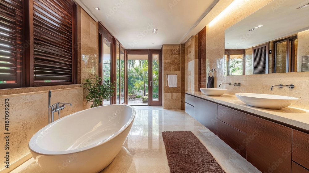 Fototapeta premium Luxurious Bathroom Oasis: Modern Design Meets Tropical Views