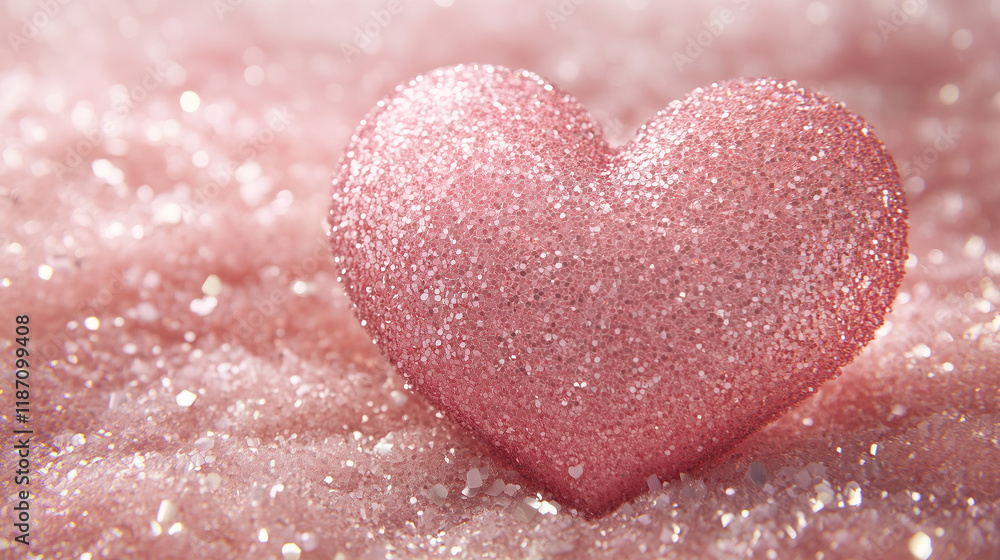 Fototapeta premium Pink heart covered with pink glitter and dust in the falling bokeh and sequins, luxury background, award ceremonies backdrop, Holiday, fashion, show and beauty industries advertisement, mega realist