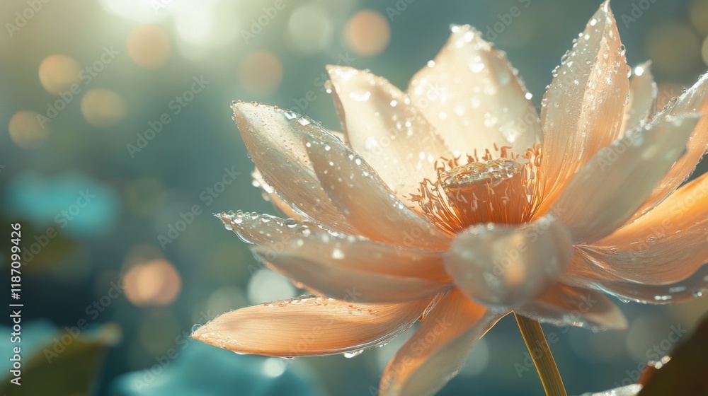Fototapeta premium A beautiful flower with transparent water droplets on its delicate petals, set against a blurred nature background.