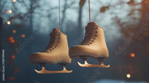 Beige figure skates hang in the background. photo