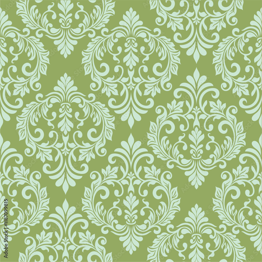 Damask seamless vector pattern. Classic old fashioned damask ornament, royal victorian seamless texture for wallpaper, textile, packaging. Baroque floral pattern light green. Damask seamless vector pattern. Classic old fashioned damask ornament, royal victorian seamless texture for wallpaper, textile, packaging. Baroque floral pattern light green.