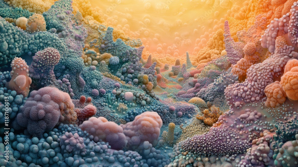 Fototapeta premium Colorful bacterial landscape showcasing intricate forms and textures in vibrant hues during a serene setting. Generative AI