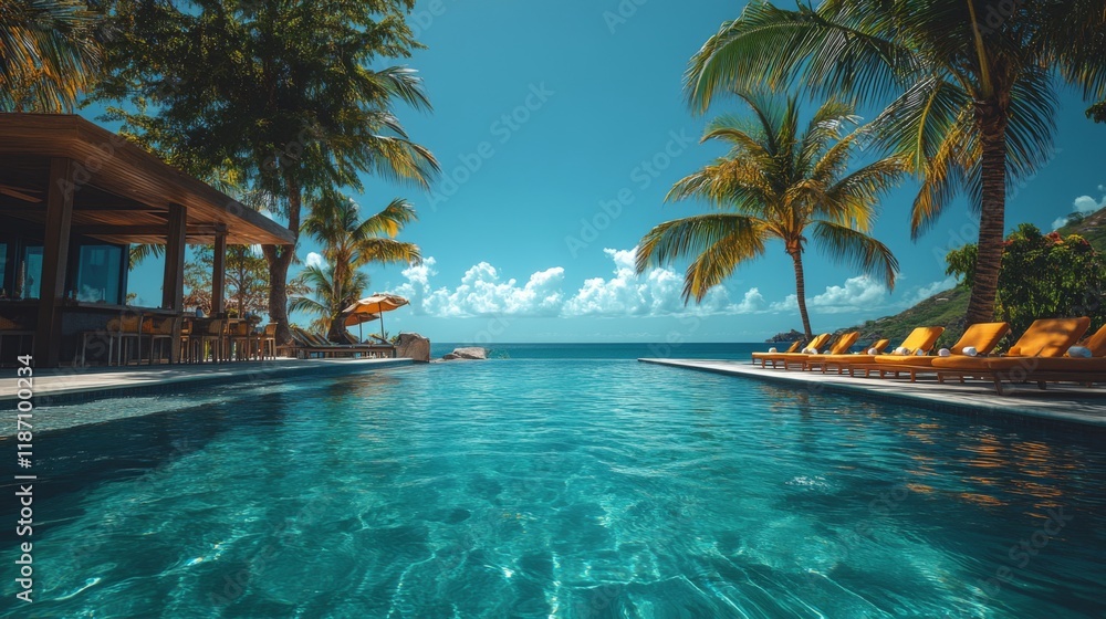 A serene setting features a crystal clear pool surrounded by palm trees, lounge chairs, and a breathtaking view of the ocean under a bright blue sky. A serene setting features a crystal clear pool surrounded by palm trees, lounge chairs, and a breathtaking view of the ocean under a bright blue sky.