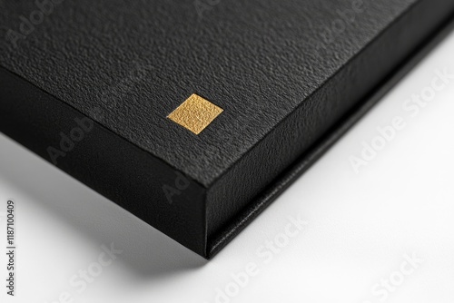 Close-up of a black box with a gold square logo, showcasing luxurious packaging details. photo