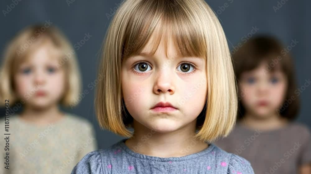 Intense stare of young girl with soft focused companions in background Intense stare of young girl with soft focused companions in background