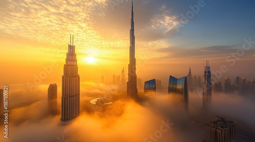 Golden Sunrise Over Dubai Skyline Enveloped In Fog