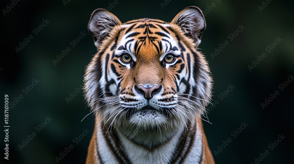 Fototapeta premium Closeup front view studio portrait photography of a beautiful and dangerous striped white tiger animal, staring at the camera, aggressive wild cat isolated on black background, head or face shot.