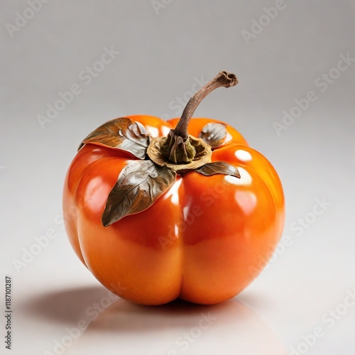 A ripe persimmon with a smooth and glossy orange skin, perfectly ripe and fresh for consumption. photo