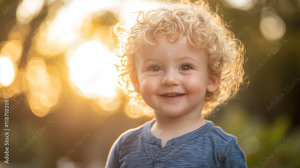 Closeup of the happy toddler boy with curly blonde hair, flying in the air, jumping on the trampoline outdoors in his backyard, childhood leisure time activities, summer day sunset outdoors. Closeup of the happy toddler boy with curly blonde hair, flying in the air, jumping on the trampoline outdoors in his backyard, childhood leisure time activities, summer day sunset outdoors.