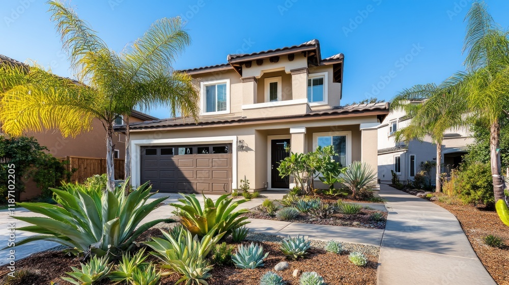 Fototapeta premium Two-story house with stucco exterior, palm trees, and drought-tolerant landscaping.