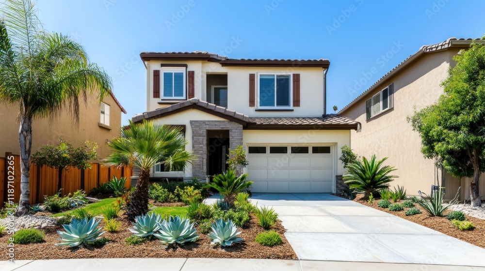 Fototapeta premium Two-story house with landscaped yard, driveway, and attached garage.