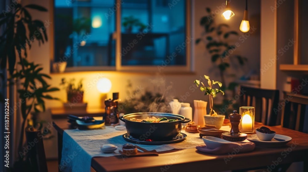 A cozy shabu meal at home, with a portable hot pot, casual table setting, and warm lighting creating a relaxing atmosphere. A cozy shabu meal at home, with a portable hot pot, casual table setting, and warm lighting creating a relaxing atmosphere.