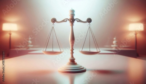 Golden scales of justice, balanced, symmetrical, soft lighting, pink and peach gradient background, legal symbol, 3D rendering, metallic texture, conceptual image, law and order, equality, fairness, j