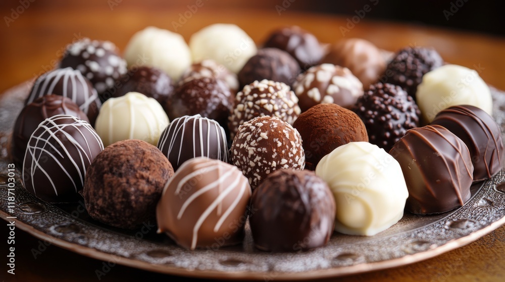 A delicious assortment of dark, milk, and white chocolate truffles arranged on a decorative plate, with a soft focus background. A delicious assortment of dark, milk, and white chocolate truffles arranged on a decorative plate, with a soft focus background.