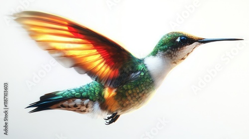 Realistic illustration of a hummingbird hovering mid-air, wings blurred with motion, and vibrant colors against a pure white background photo