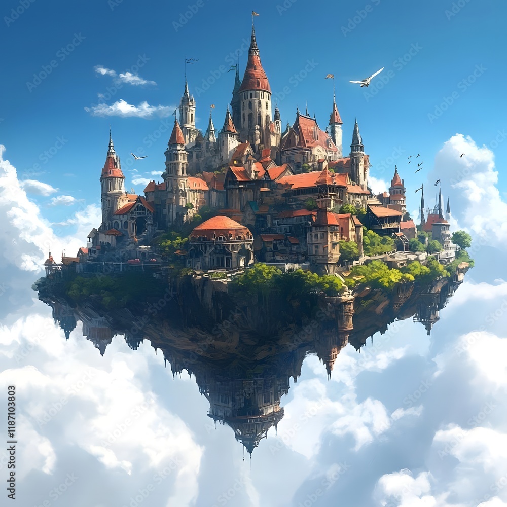 Fototapeta premium A floating castle surrounded by clouds, showcasing a fantastical architectural design.