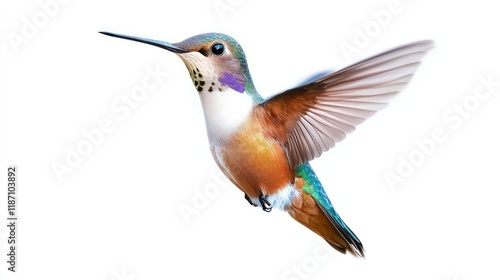 Realistic illustration of a hummingbird hovering mid-air, wings blurred with motion, and vibrant colors against a pure white background photo