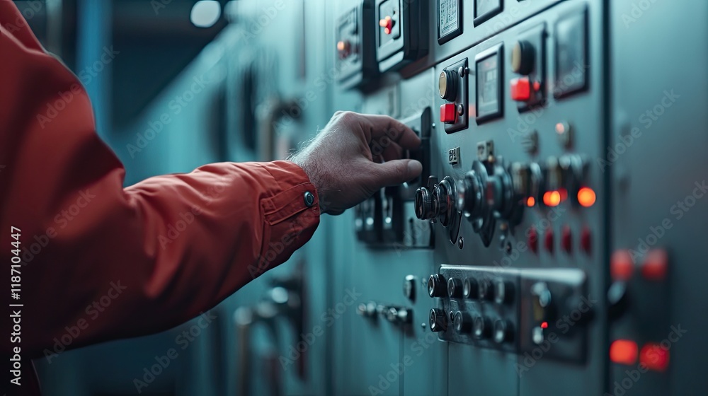 Worker operating industrial control panel equipment Worker operating industrial control panel equipment