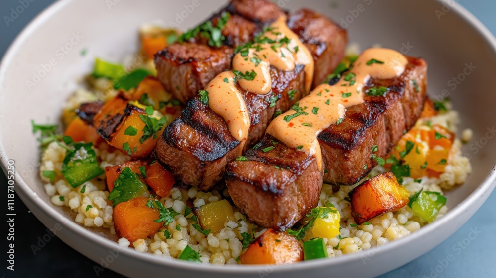 Gourmet grilled lamb skewers on a bed of couscous and roasted vegetables Gourmet grilled lamb skewers on a bed of couscous and roasted vegetables