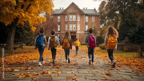 kids walking to school on an autumn day