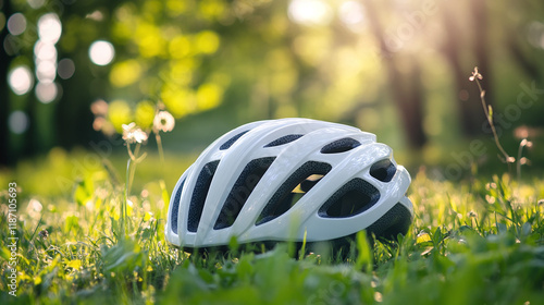 White bicycle or bike helmet in grass in sunny spring or summer nature. outdoor cyclist sports head safety and protection. photo