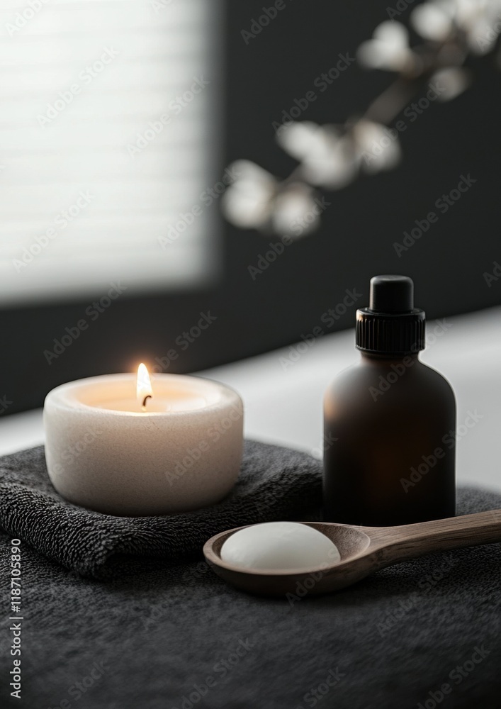 A candle and a bottle of lotion are on a table A candle and a bottle of lotion are on a table