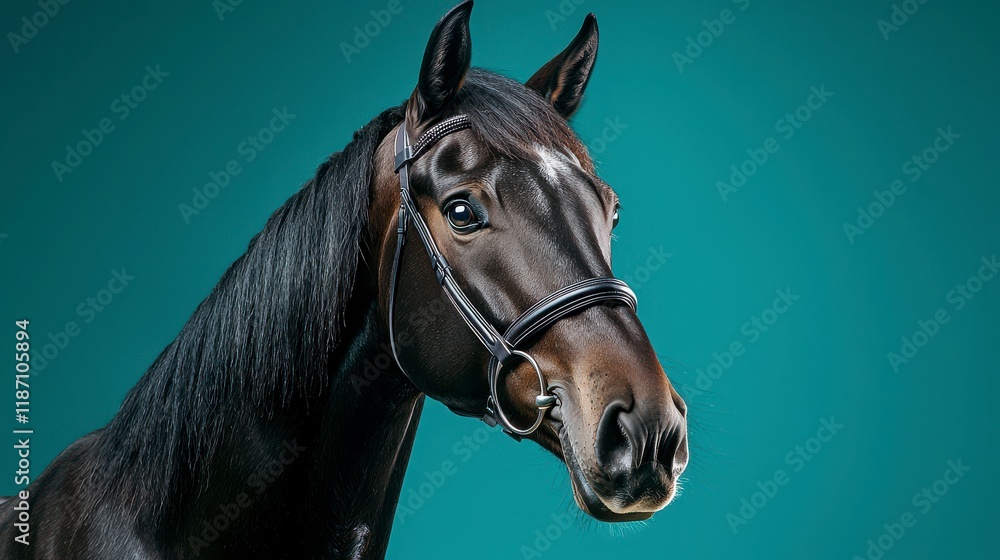 Obraz premium Elegant Black Horse Portrait Against Vibrant Teal Background
