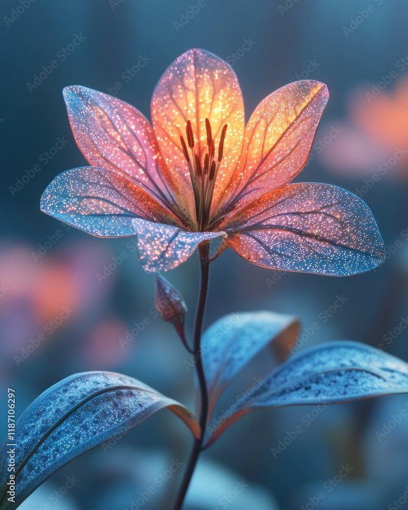 Glowing lily flower with dew drops at sunrise. Glowing lily flower with dew drops at sunrise.