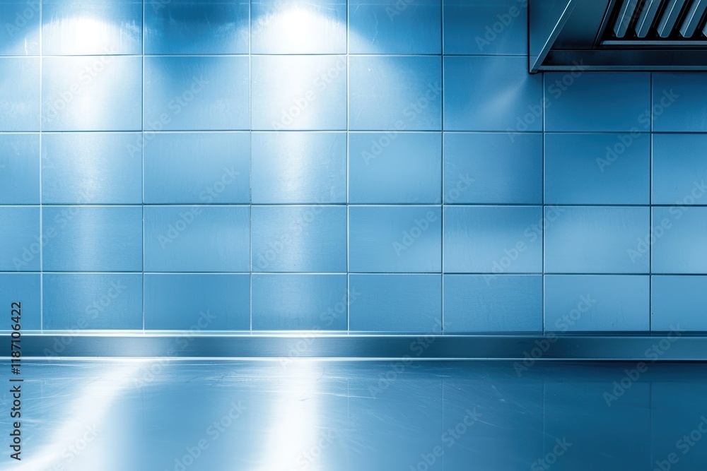 Obraz premium Modern Kitchen Interior with Blue Tile Walls and Reflective Stainless Steel Surface