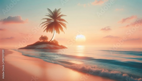 Tropical beach sunset, palm trees silhouette, golden sand, turquoise ocean waves, reflective water surface, vibrant sky colors, dramatic clouds, sun rays, peaceful atmosphere, tranquil seaside, coasta
