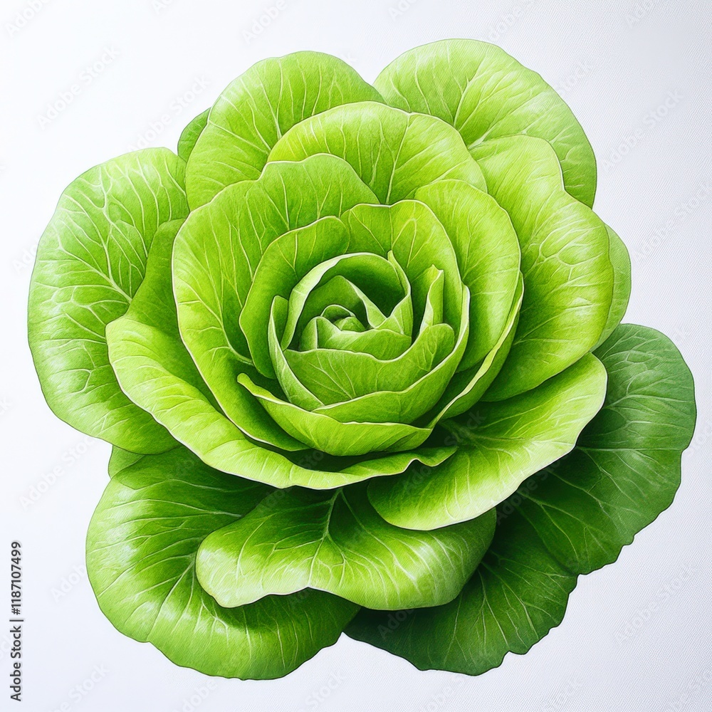 Fototapeta premium A vibrant, detailed illustration of a fresh green lettuce, showcasing its crisp leaves and intricate layers, Ideal for use in culinary, health, organic food, and gardening contexts,