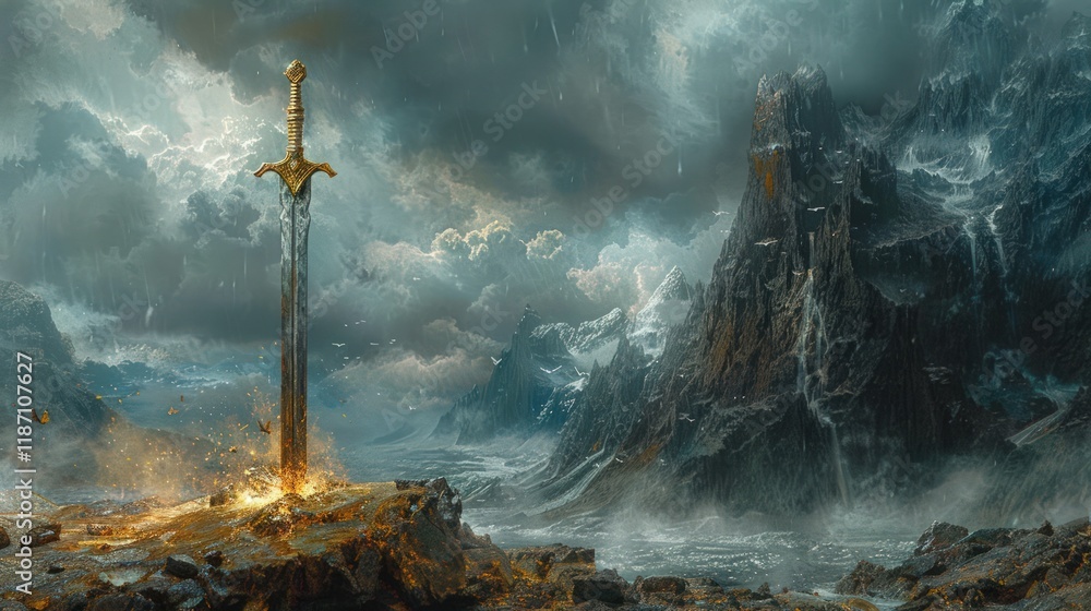 Fototapeta premium Majestic sword planted in rocky ground, dramatic stormy mountain backdrop.