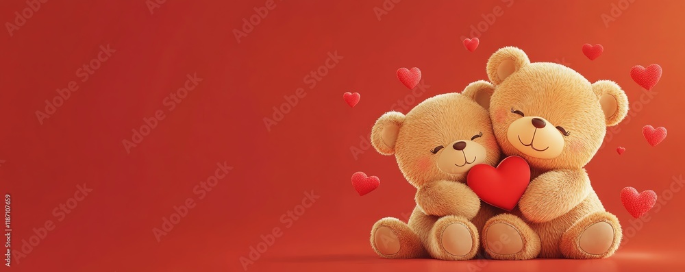 A cartoon, banner style illustration of two teddy bears hugging surrounded by hearts, valentines day concept, copy space for text A cartoon, banner style illustration of two teddy bears hugging surrounded by hearts, valentines day concept, copy space for text