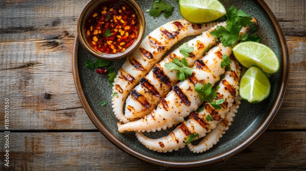 A plate of freshly grilled squid with smoky grill marks, garnished with lime wedges and chili dipping sauce, placed on a wooden table. A plate of freshly grilled squid with smoky grill marks, garnished with lime wedges and chili dipping sauce, placed on a wooden table.