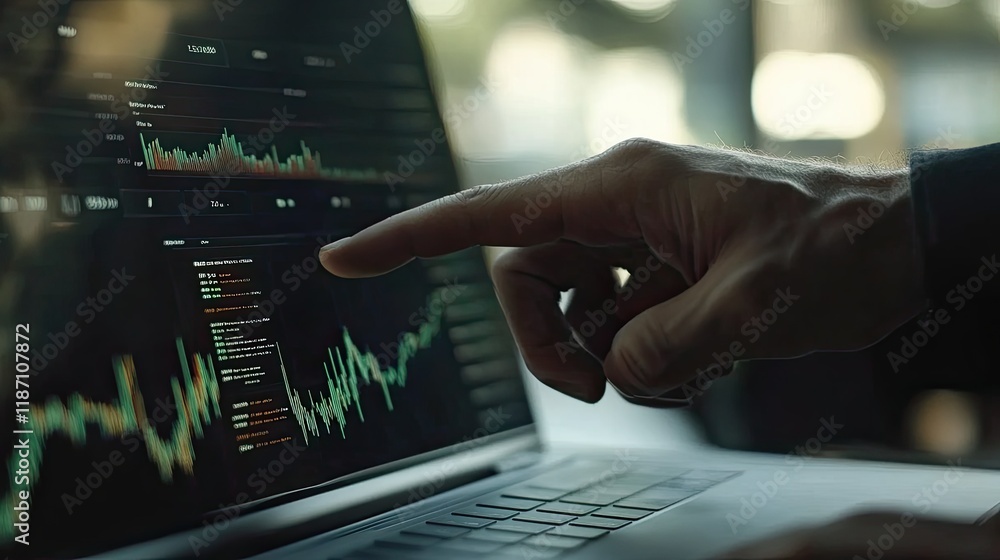 Hand Interacting With Stock Market Data On Laptop Hand Interacting With Stock Market Data On Laptop