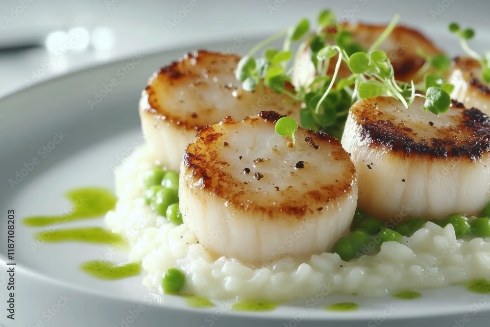 Pan-seared scallops served on creamy risotto with peas and microgreens, a delectable culinary masterpiece. Pan-seared scallops served on creamy risotto with peas and microgreens, a delectable culinary masterpiece.