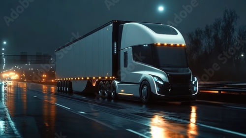 A white, new international truck is driving on the highway at night photo