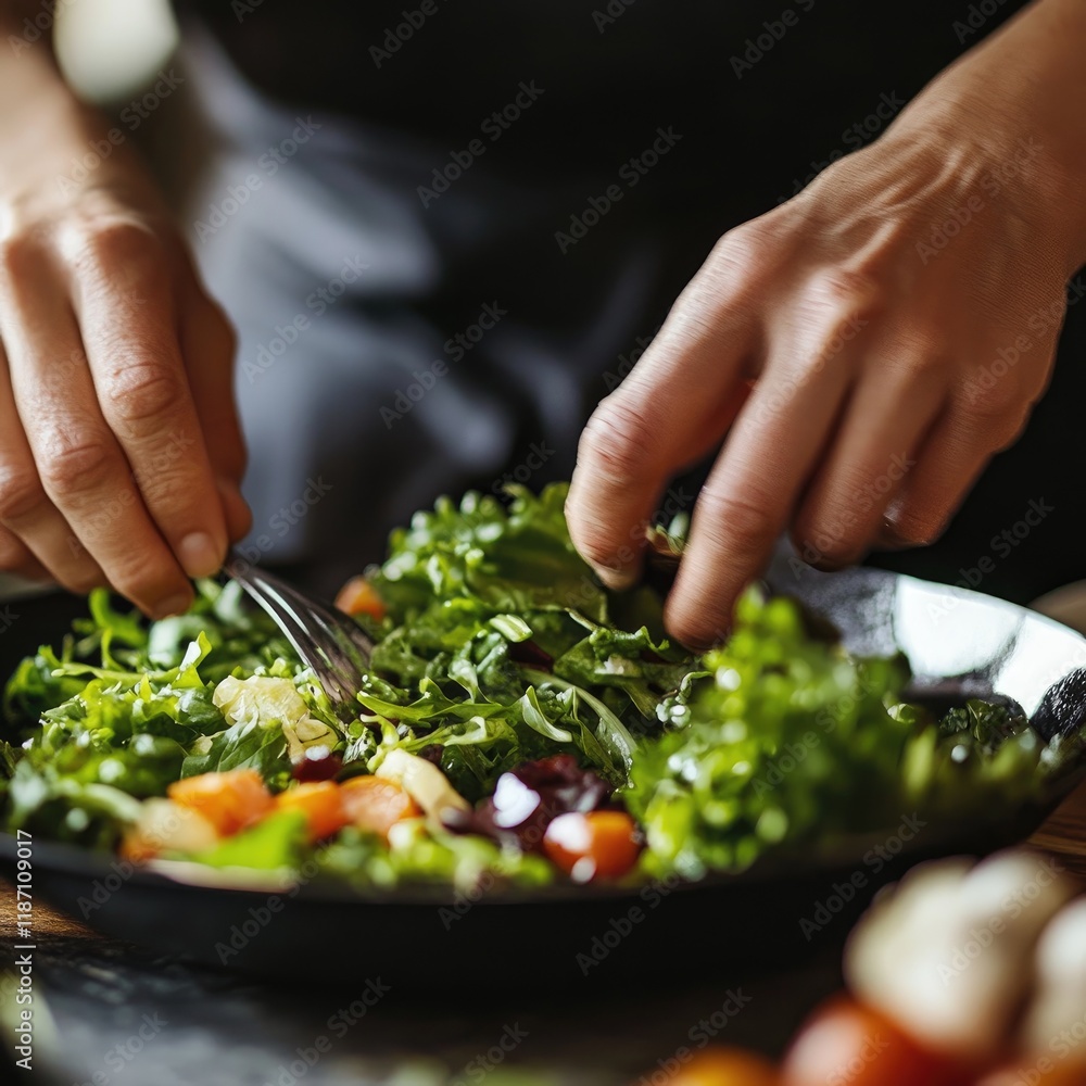 Chef prepares fresh, vibrant salad with mixed greens and vegetables in kitchen. Chef prepares fresh, vibrant salad with mixed greens and vegetables in kitchen.