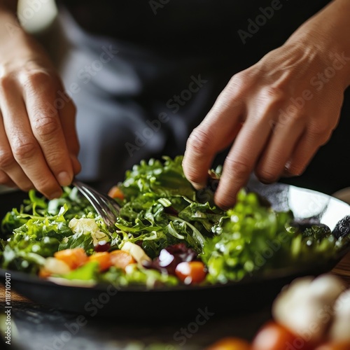 Wallpaper Mural Chef prepares fresh, vibrant salad with mixed greens and vegetables in kitchen. Torontodigital.ca