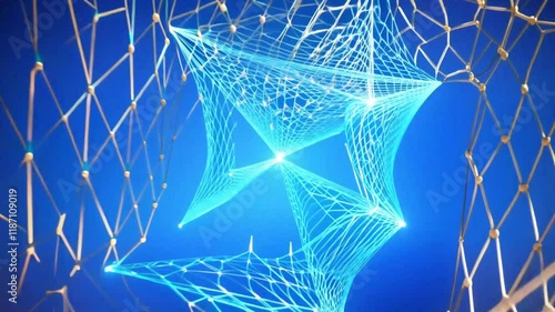 Futuristic geometric net with dots on a bright blue cyberspace backdrop.