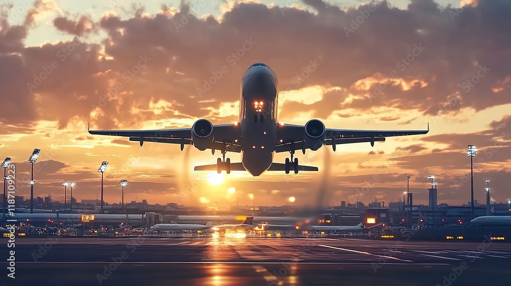 Naklejka premium A plane taking off from an airport runway at sunset, creating a dramatic and cinematic scene.